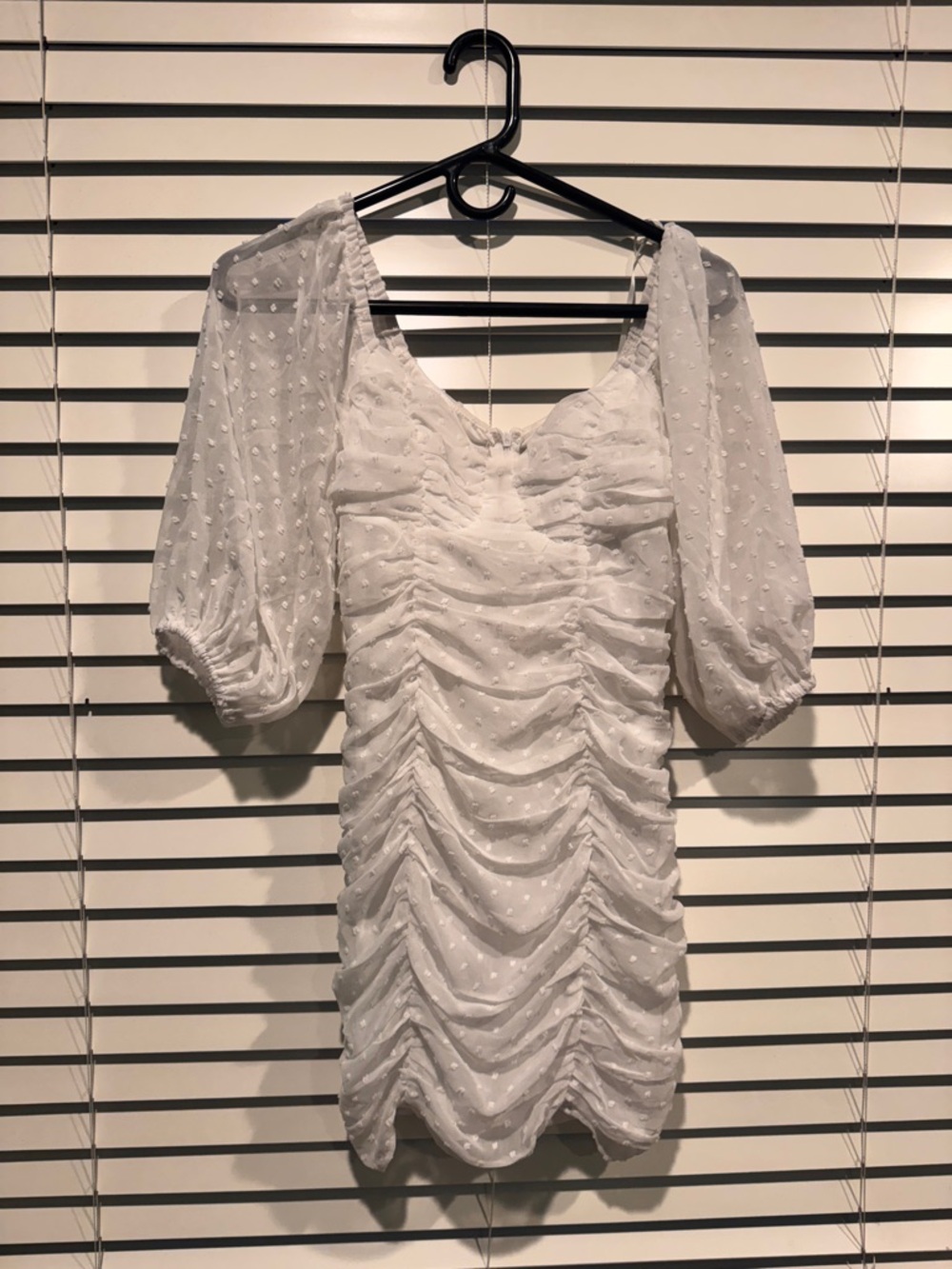Hello Molly White Swiss Dot Ruched Puff Sleeve Mini Dress